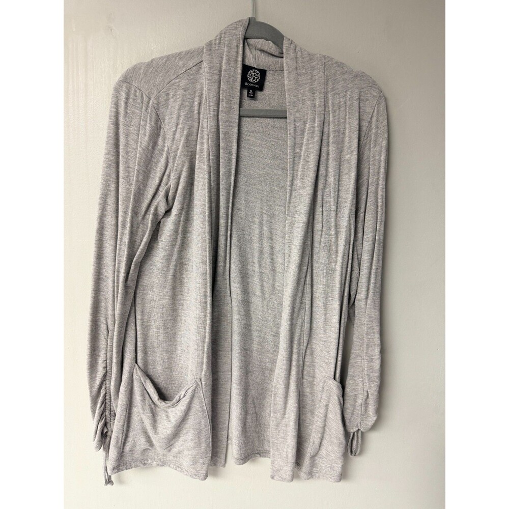 Bobeau Womens Medium Gray Open Front Cardigan Ruched Tie Sleeves Pockets
